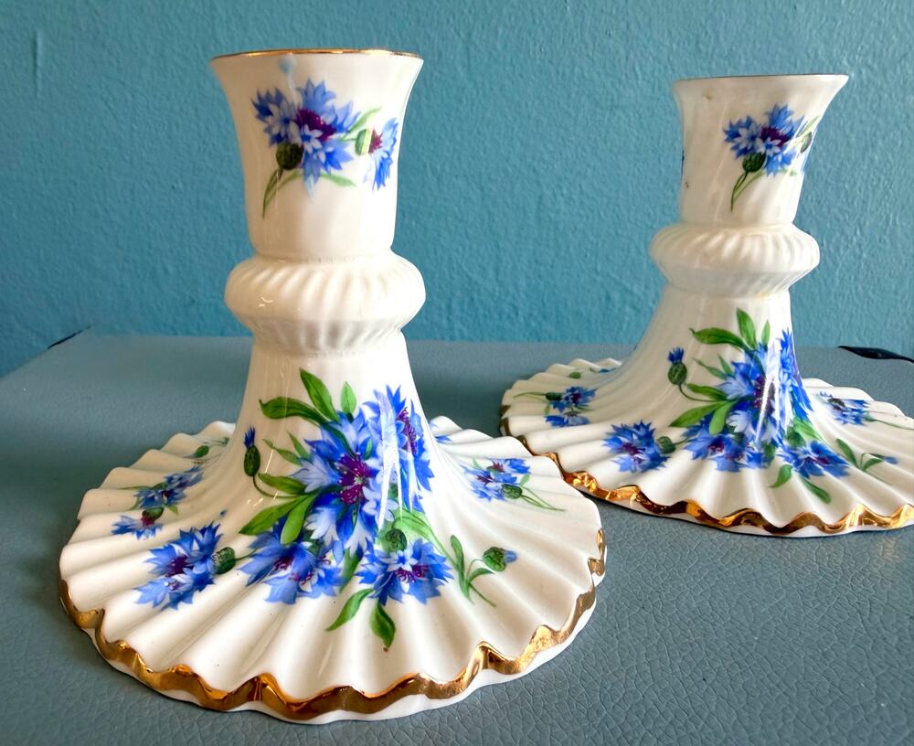 Pair Vintage Hammersley English Bone China Cornflower Blue Candlesticks Gold Rim
